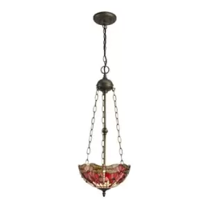 3 Light Uplighter Ceiling Pendant E27 With 30cm Tiffany Shade, Purple, Pink, Crystal, Aged Antique Brass - Luminosa Lighting