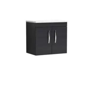 Nuie Athena 600 Wall Hung 2-door Vanity & Sparkling White Worktop - Black Woodgrain