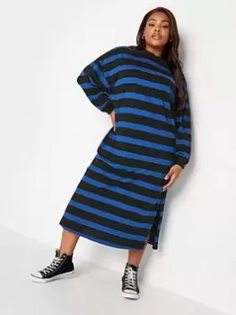 Yours Oversized Long Sleeve T-Shirt Jumbo Stripe Dress With Cuff - Cobalt/Black, Green, Size 22-24, Women