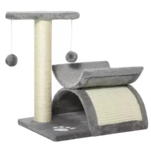 PawHut Plush Cat Tree Scratcher - Kitty Activity Play Centre Tunnel W/ Dangling Balls - Grey