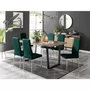 Furniturebox UK - Furniturebox Kylo Brown Wood Effect Dining Table & 6 Green Milan Velvet Dining Chairs Diamond Stitch Modern Contemporary Chrome