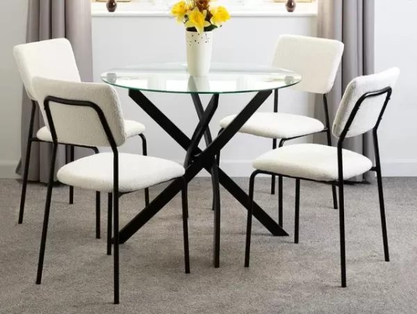 Seconique Sheldon Glass and Black Dining Table and 4 Ivory Boucle Fabric Chairs