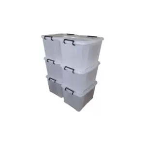 Samuel Alexander - 6 x 40L Smart Storage Box, Clear with Clear Extra Strong Lid, Stackable and Nestable Design Storage Solution