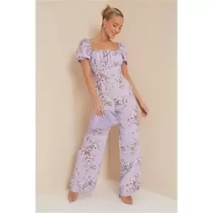 I Saw It First Lilac Floral Print Milkmaid Wide Leg Jumpsuit - Purple