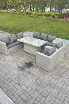 Fimous 8 Seater Outdoor Light Grey Rattan Lounge Complete Sofa Set with Adjustable Table and Side Table