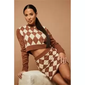 I Saw It First Brown Co-Ord Argyle Jacquard Knitted Mini Skirt - Brown