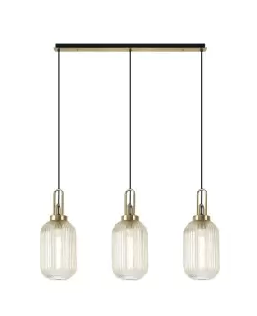 Linear 3 Light Pendant E27 With 20cm Tubular Ribbed Glass, Champagne Brass Gold, Matt Black