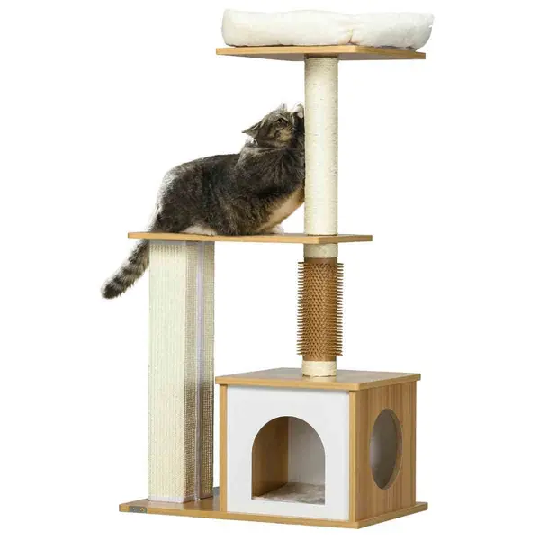 PawHut 114cm Cat Tree w/ Scratching Posts, Cat House, Bed