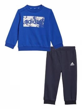 Adidas Infant Unisex Linear Logo Crew & Jog Pant Set, Blue/Navy, Size 12-18 Months