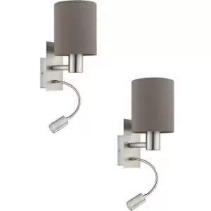 2 pack Wall Light Satin Nickel Shade Anthracite Brown Fabric E27 40W LED 3.5W