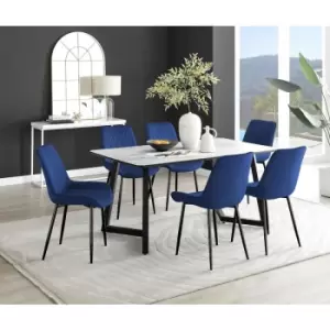 Furniturebox UK - Furniturebox Carson White Marble Effect Rectangular 160cm Dining Table & 6 Navy Pesaro Black Leg Velvet Chairs