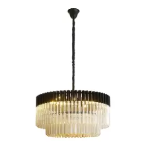 Poland Ceiling Pendant Round 12 Light E14, Matt Black, Cognac Sculpted Glass, Item Weight: 25.4kg