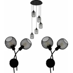 Ceiling Pendant Light & 2x Matching Wall Lights Black Metal Mesh Multi Lamp