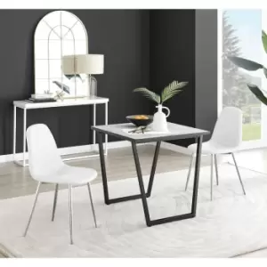 Furniturebox Carson White Marble Effect Square Dining Table & 2 White Corona Faux Leather Dining Chairs with Silver Legs Diamond Stitch