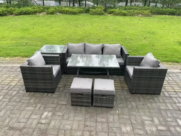 Fimous 5 Seater Outdoor Dark Grey Rattan Lounge Complete Sofa Set with Dining Table and 2 Stools