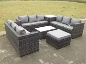 Fimous 9 Seater Outdoor Dark Grey Rattan Lounge Sofa Complete Set with Oblong Coffee Table and Big Footstool