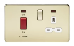 KnightsBridge 45A 2G DP 230V Screwless Polished Brass Electric Switch With Neon and Socket - White Insert