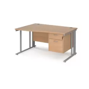 Office Desk Left Hand Wave Desk 1400mm With Pedestal Beech Top With Silver Frame Maestro 25 MCM14WLP2SB