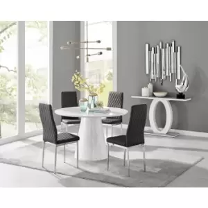 Furniturebox Palma White High Gloss 4 Seat Minimalist Post Modern Round Dining Table & 4 Black Milan Chrome Leg Faux Leather Chairs