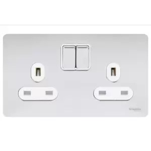 Schneider Electric Ultimate Screwless Flat Plate - Switched Double Power Socket, Double Pole, 13A, GU3420DWPC, Polished Chrome with White Insert