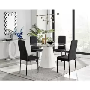 Furniturebox Palma White Marble Effect 120cm Round Minimalist Dining Table & 4 Black Milan Black Leg Faux Leather Chairs