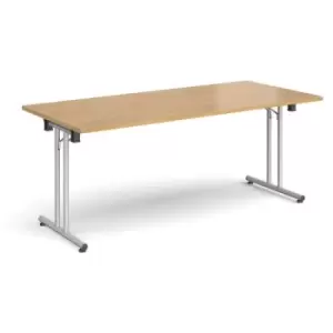 Rectangular folding leg table with silver legs and straight foot rails 1800mm x 800mm - oak