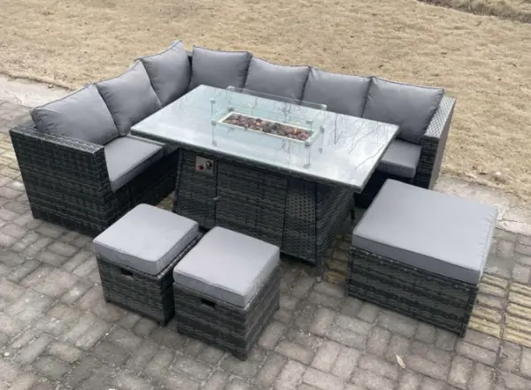 Fimous 6 Seater Outdoor Dark Grey Rattan Lounge Complete Sofa Set with Gas Fire Pit, 2 Stools and Big Footstool