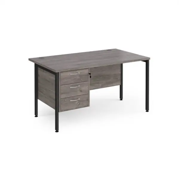 Maestro 25 straight desk 1400mm x 800mm with 3 drawer pedestal - Black H-frame leg, grey oak top