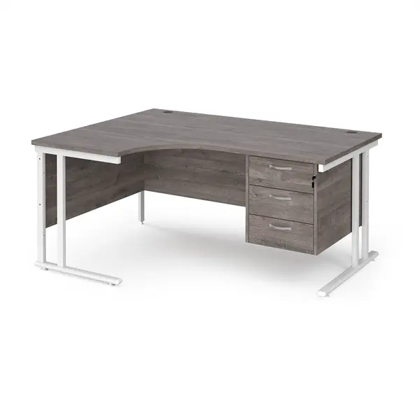 Maestro 25 left hand ergonomic desk 1600mm wide with 3 drawer pedestal - white cantilever leg frame, grey oak top