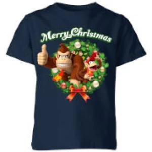 Nintendo Donkey Kong Wreath Thumbs Up Kid's Christmas T-Shirt - Navy - 11-12 Years