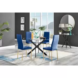 Furniture Box Novara Black Leg 120Cm Round Glass Dining Table and 4 Navy Velvet Milan Gold Leg Chairs