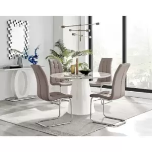 Furniturebox Palma White Marble Effect 120cm Round Minimalist Dining Table & 4 Cappuccino Murano Silver Leg Faux Leather Chairs