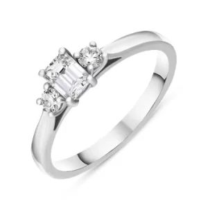 Platinum Diamond Emerald and Round Brilliant Cut Three Stone Ring