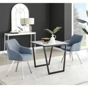 Furniturebox Carson White Marble Effect Square Dining Table & 2 Blue Falun Silver Leg Fabric Chairs