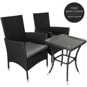 Garden Outdoor Rattan Bistro Set Furniture 3 PCs Patio Weave Companion Chair Table Set Conservatory Balcony 2 Seater Black FREE Rain Cover - Black