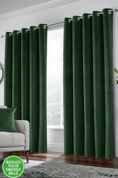 Enhanced Living Velvet, Supersoft, 100% Blackout, Thermal Pair of Curtains with Eyelet Top Green