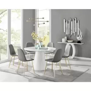 Furniturebox Palma White High Gloss 6 Seat Minimalist Post Modern Round Dining Table & 6 Grey Corona Faux Leather Dining Chairs with Gold Legs