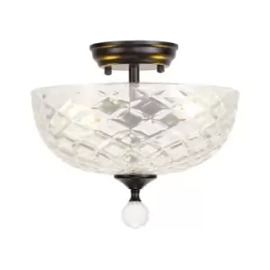 Luminosa Talisa 2 Light Semi Flush Ceiling Lamp E27 With Flat Round 30cm Patterned Glass Shade Matt Black, Clear