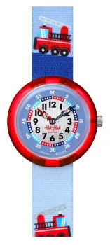 Flik Flak FIRETRUCK Blue Fire Truck Print Fabric Strap Watch