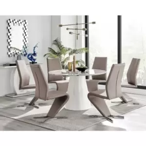 Furniturebox Palma White Marble Effect 120cm Round Minimalist Dining Table & 6 Cappuccino Willow Silver Feet Faux Leather Chairs