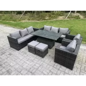 Fimous 8 Seater Outdoor Dark Grey Rattan Lounge Complete Sofa Set with Adjustable Dining Table and 2 Stools