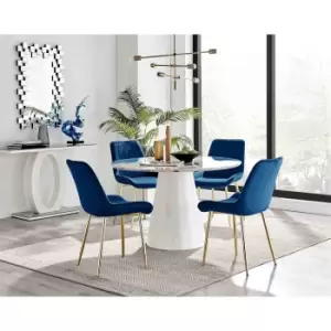 Furniture Box Palma White Marble Effect Round Dining Table and 4 Navy Pesaro Gold Leg Chairs