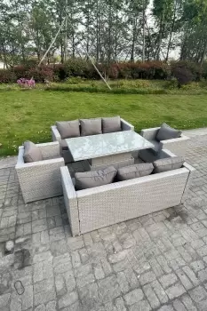 Fimous 8 Seater Outdoor Light Grey Rattan Lounge Complete Sofa Set with Adjustable Table