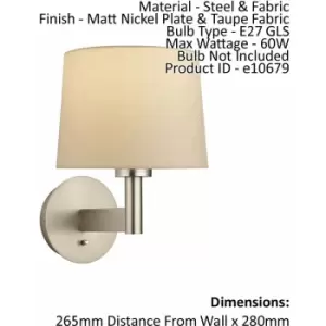 Loops - Wall Light Matt Nickel Plate & Taupe Fabric 60W E27 gls Dimmable e10679