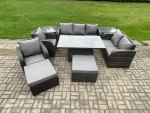 Fimous 7 Seater Outdoor Dark Grey Rattan Lounge Sofa Complete Set with Height Adjustable Table 2 Side Tables and Big Footdstool