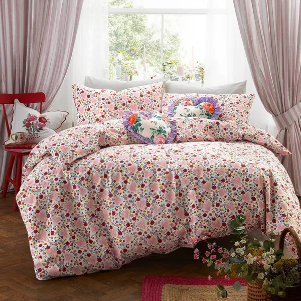 Cath Kidston Floral Heart Frill Duvet Set , Single, Pink