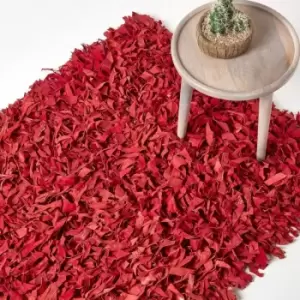 Dallas Leather Shaggy Rug Red, 90 x 150cm - Red - Homescapes