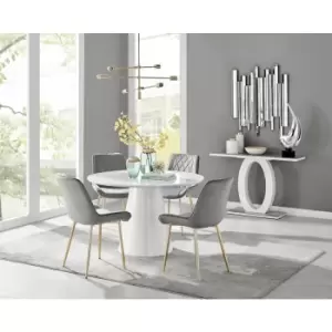 Furniturebox Palma White High Gloss 4 Seat Minimalist Post Modern Round Dining Table & 4 Grey Pesaro Gold Leg Velvet Chairs