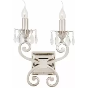 Loops - Esher Luxury Twin Curved Arm Traditional Wall Light Bright Nickel Crystal Drop