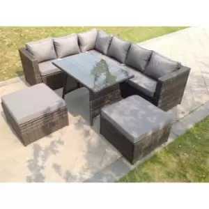 Fimous 6 Seater Outdoor Dark Grey Rattan Lounge Complete Sofa Set with Dining Table 2 Big Footstools